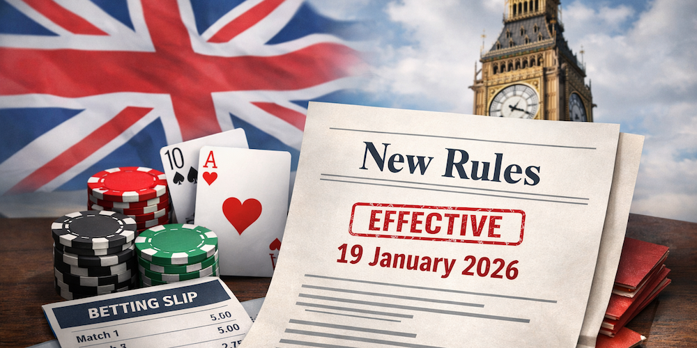UK gambling news artwork showing poker chips, playing cards, and a betting slip in front of a UK fla